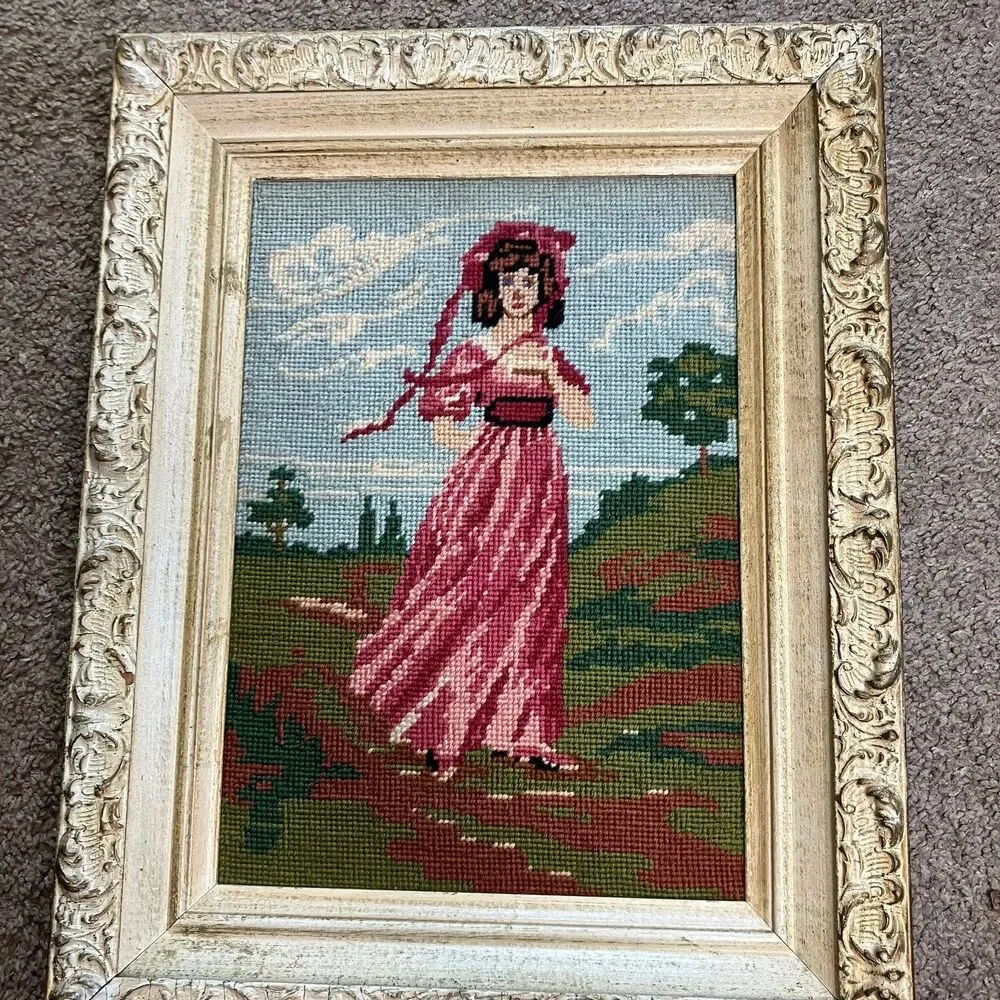 Blue Boy & Pinky Lady Completed Cross Stitch Needlepoint Wooden Frames Vintage